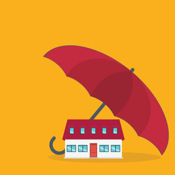 Home insurance concept. House protected with umbrella, modern cottage and paper agreement. Warranty and protection symbol.	