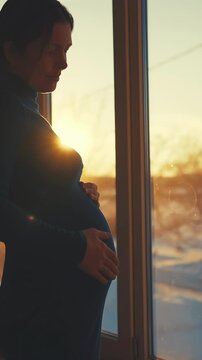 A woman stands by the window, observing the sunset with a hand on her pregnant belly. The warm light illuminates the scene, highlighting the woman's profile and the calm surroundings.