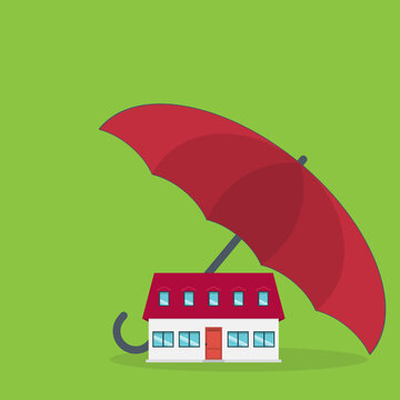 Home insurance concept. House protected with umbrella, modern cottage and paper agreement. Warranty and protection symbol.	