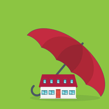 Home insurance concept. House protected with umbrella, modern cottage and paper agreement. Warranty and protection symbol.	