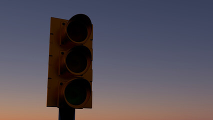 3D illustration of an turned off traffic light silhouette against a sunset sky background with copy space © Fabricio