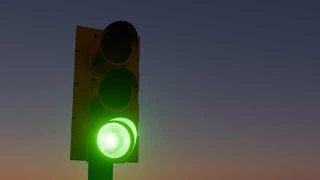 3D illustration of a traffic light with a glowing green signal against a twilight sunset sky background with copy space