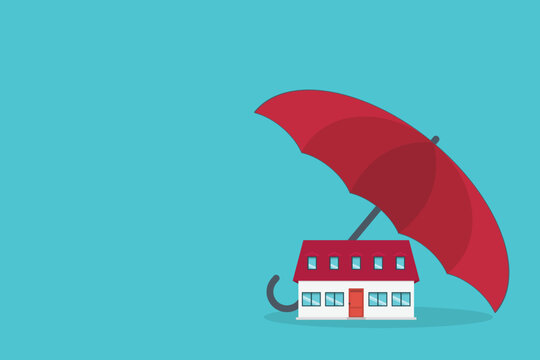 Home insurance concept. House protected with umbrella, modern cottage and paper agreement. Warranty and protection symbol.	