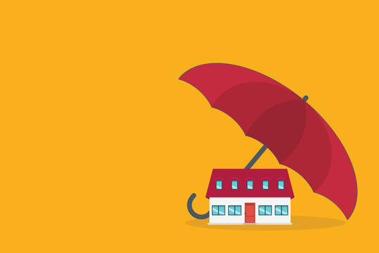 Home insurance concept. House protected with umbrella, modern cottage and paper agreement. Warranty and protection symbol.	