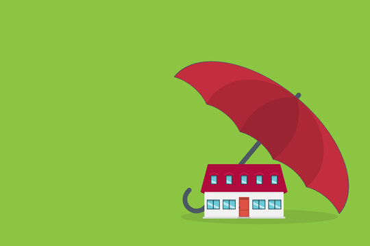 Home insurance concept. House protected with umbrella, modern cottage and paper agreement. Warranty and protection symbol.	