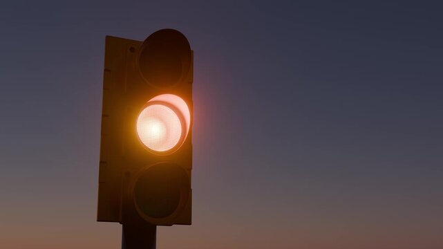 3D animation loop of a traffic light changing colors from green to yellow and red against a twilight sunset sky background with copy space