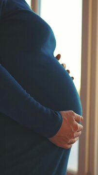 A woman gently cradles her pregnant belly in a quiet, sunlit room. The woman's pregnancy is evident as she embraces her growing belly with care.