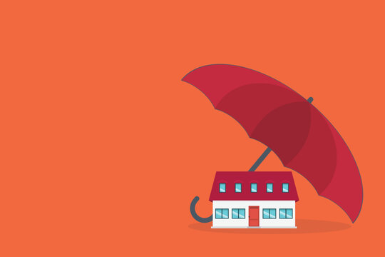 Home insurance concept. House protected with umbrella, modern cottage and paper agreement. Warranty and protection symbol.	
