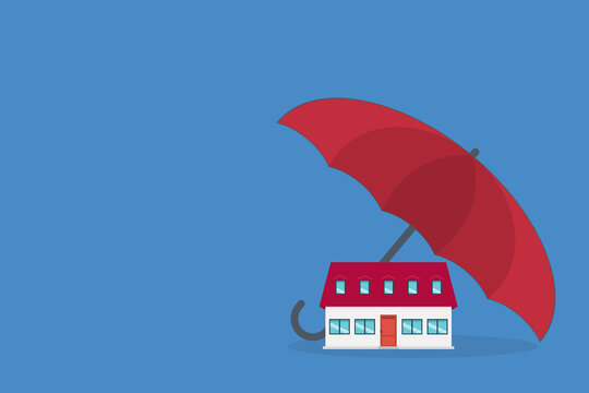 Home insurance concept. House protected with umbrella, modern cottage and paper agreement. Warranty and protection symbol.	