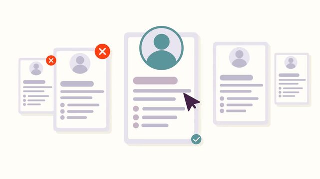 Selecting A Candidate Resume Among Rejected Applications. Flat Animation of Recruitment, Resume Screening, Talent Acquisition, And Hiring Decisions On A Light Background.