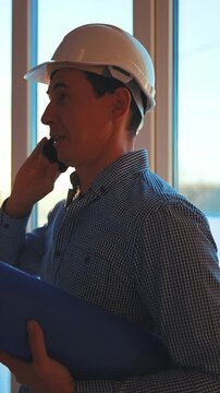 A man in a hard hat is talking on the phone while holding blueprints. The man appears focused and engaged in a discussion about the construction project.