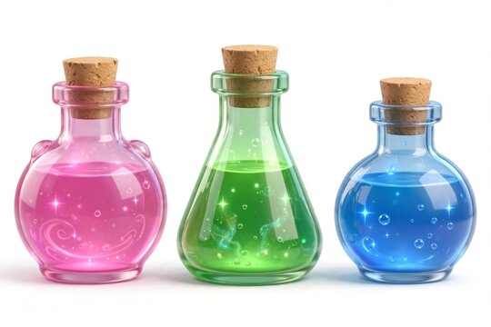 3D cartoon magic potion bottles set with glowing liquids, original game item illustration