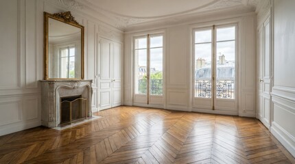 Naklejka premium Empty classic apartment interior with herringbone parquet floor and fireplace
