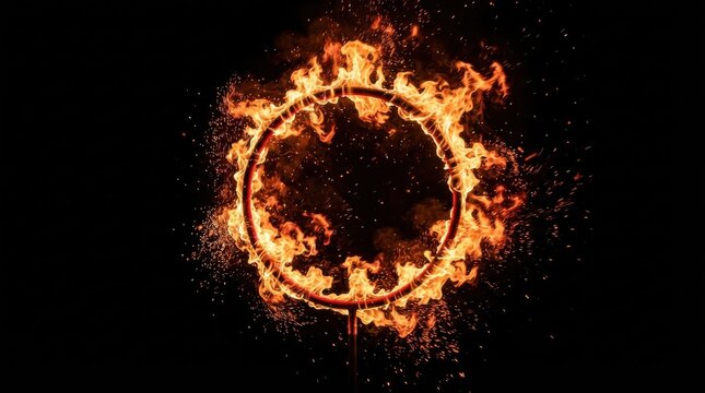 A circular metal ring engulfed in bright orange flames against a dark background