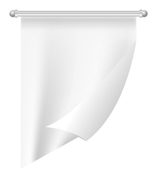 Blank white vertical pennant flag template with a curled corner hanging from a silver metal rod transparent background