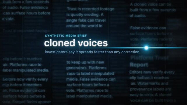 AI deepfake and misinformation headlines regarding fake footage, cloned voices, and digital forensics.