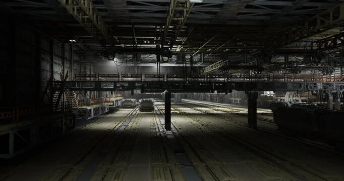 vast workshop interior with central aisle and parallel tracks, low industrial lights, storage benches and quiet symmetry creating tense stillness