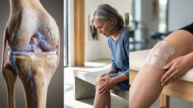 Chronic knee damage: elderly woman, medical device, relieve strain, apply therapy, reduce inflammation, restore mobility, soothe bone, modern science, active care.