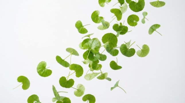 Fresh green gotu kola leaves falling floating in motion