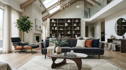 Naklejka premium Modern luxury living room with high vaulted ceiling and open layout
