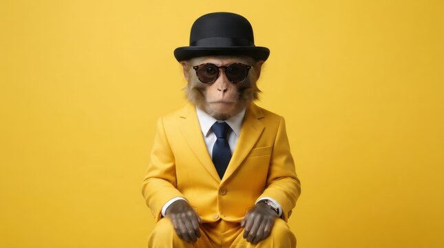 Chic monkey wearing a yellow suit, bowler hat, and sunglasses