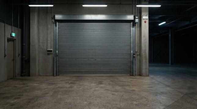 Industrial roller shutter door in a dark underground parking garage