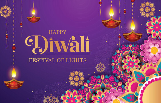 Elegant Happy Diwali background template featuring a decorative background with oil lamps and a beautiful mandala.