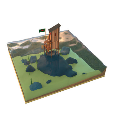 Isometric view of a low poly 3D wooden stilt house and sea shack diorama with water and rocks