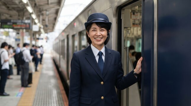 Smiling female train conductor in uniform at railway station platform