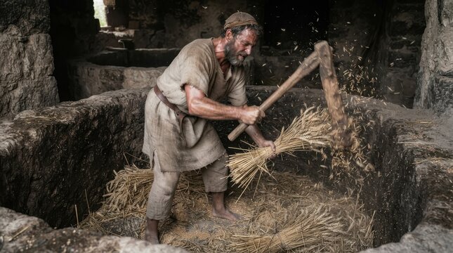 Ancient farmer threshing wheat with a flail in a stone barn