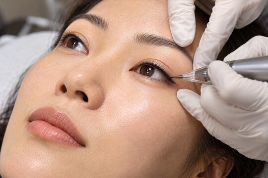 Professional lash line permanent makeup with precise gloved hands