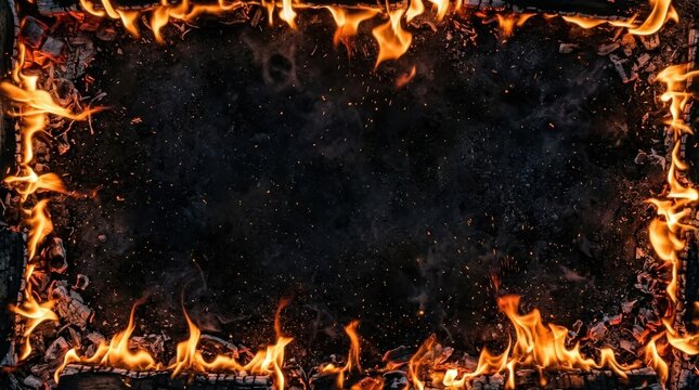 Fiery border frame with burning wood and glowing embers