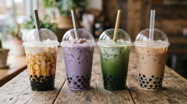 Four cups of bubble tea with tapioca pearls on a wooden table