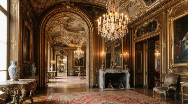 Opulent historical palace interior with gold leaf moldings and crystal chandeliers