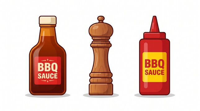 A clean vector illustration featuring essential barbecue condiments: a glass barbecue sauce bottle, a wooden pepper mill, and a squeeze bottle.   