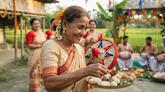 Elderly woman holding a tray with a lit lamp during a celebration in a village