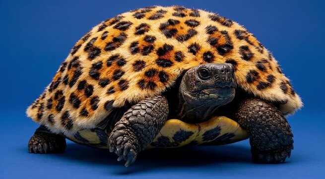 A tortoise with a leopard-print fur shell walks forward on a blue background.