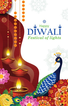 Diwali aesthetic vertical background featuring mandala decorations, peacock and oil lamps