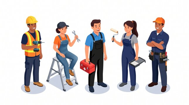 Diverse group of skilled workers and mechanics holding tools, standing together ready for home repair, renovation, and construction projects.