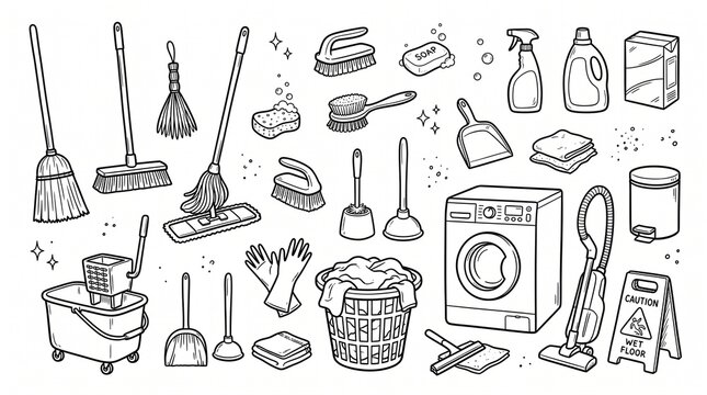 Black and white line art vector set featuring various cleaning tools, supplies, household equipment, vacuum cleaner, and laundry icons.