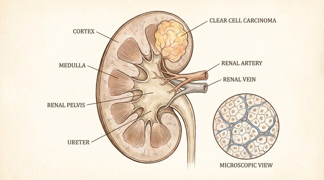 Vintage medical illustration of human kidney anatomy showing clear cell renal carcinoma, tumor location and microscopic cancer cells for oncology education.