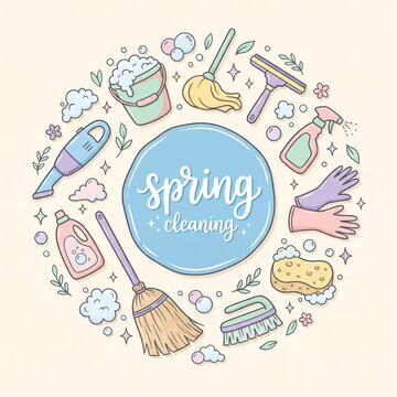Cute spring cleaning circular badge with pastel tools including broom, mop, bucket, spray, gloves, and brush.