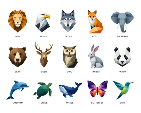 Geometric low poly animal icon vector set. Polygonal lion, eagle, wolf, fox, elephant, bear, deer, owl, rabbit, panda, dolphin, turtle, whale, butterfly, and bird isolated on white.