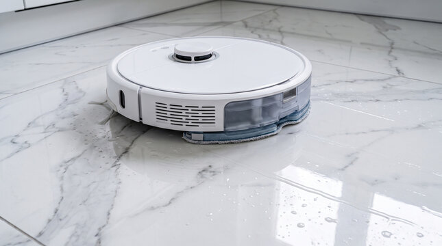 Hybrid robot vacuum and mop cleaning a white marble tile floor, leaving a fresh trail of water reflecting bright lights. Advanced dual cleaning technology.