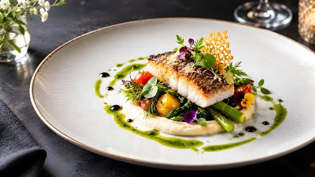 Seared fish with asparagus cherry tomatoes and herb garnish on a white plate