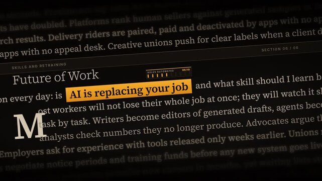 AI is replacing your job headline on a digital news screen discussing automation and workforce displacement.