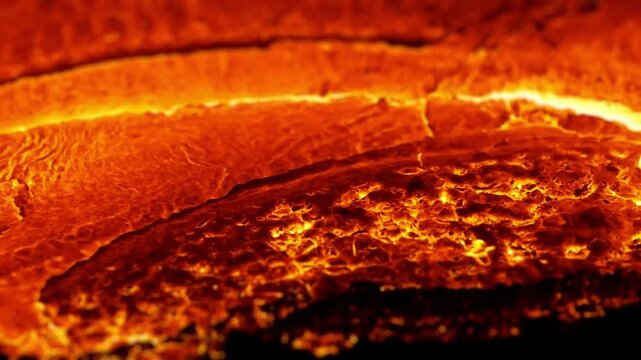 Molten metal surface close up. Red hot slag and liquid steel texture, lava like background. Metallurgy