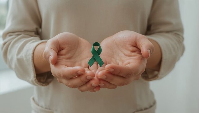 A person holding a green ribbon in their hands, symbolizing support and awareness for a cause