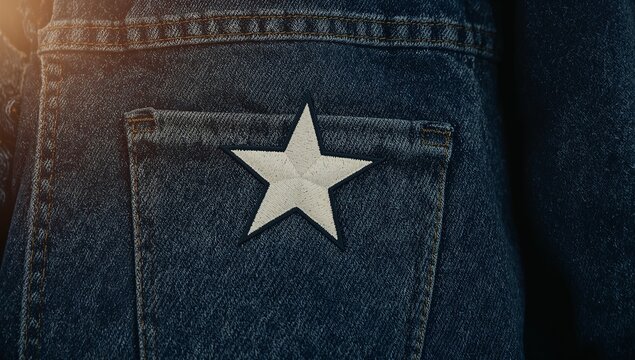 A denim jacket with a white star on the back pocket, perfect for casual wear or a fashion statement