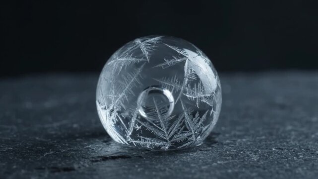 Stunning Macro Shot of Transparent Soap Bubble Freezing and Delicate Frost Ice Crystals Spreading Across Its Surface